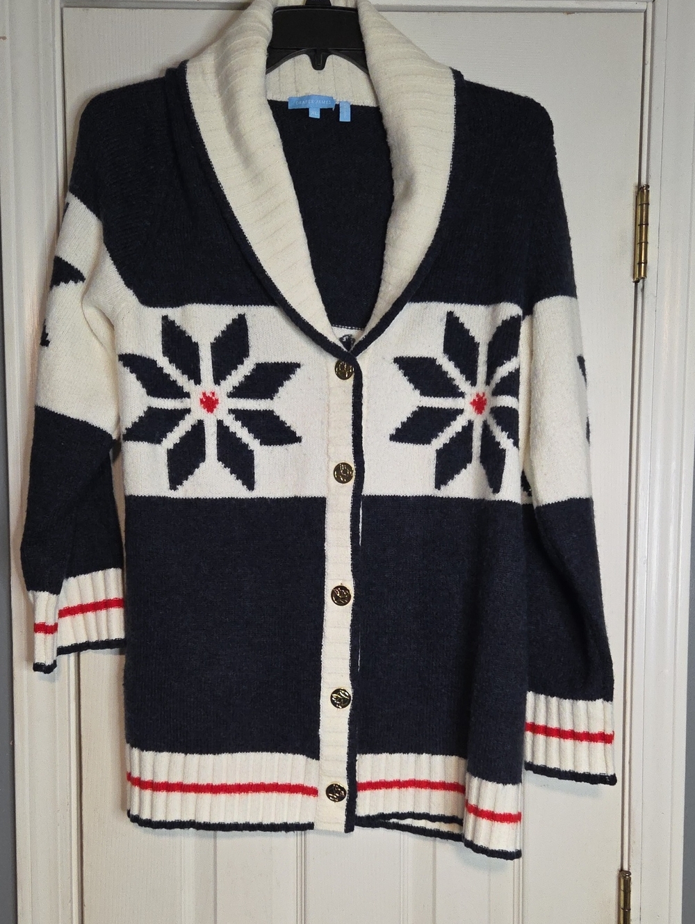 Draper James Women's Navy and Cream Shawl Collar Cardigan Sweater